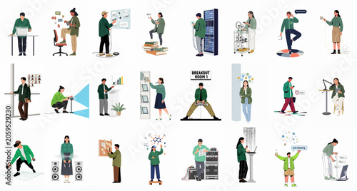 Diverse set of flat character illustrations representing modern technology, remote work, data analysis, IT support, virtual reality, and collaborative office environments.