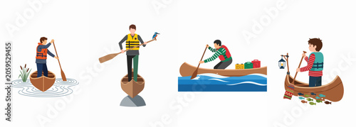 Set of flat vector illustrations depicting people engaging in various outdoor canoeing adventures, from paddling on a lake to fishing in a river.