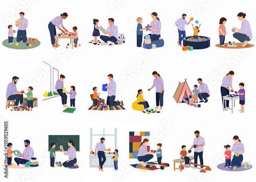 Collection of flat vector illustrations depicting parents and children playing with various toys, blocks, and educational activities in a minimalist style.