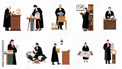 Fotografie Collection of illustrations showing judges and lawyers in various legal settings, performing duties like reviewing documents, presiding over court, and handling asylum cases