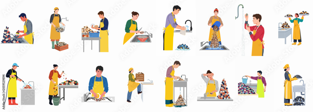 Fototapeta premium Seafood workers in yellow aprons washing, cleaning, and preparing fresh mussels, oysters, and clams in a commercial kitchen setting.