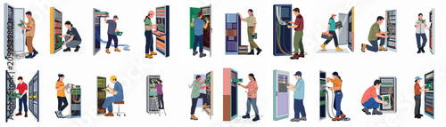 Set of flat vector illustrations depicting male and female IT technicians maintaining and repairing server racks in a modern data center facility.