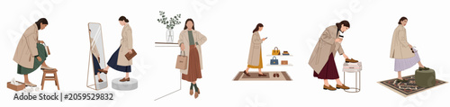 Illustration set of a stylish woman in a beige trench coat and pleated skirt shopping for shoes and accessories in various poses.