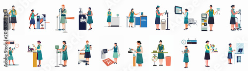 A comprehensive set of vector illustrations featuring female airline ground staff performing various airport duties such as check-in, boarding, and baggage handling.
