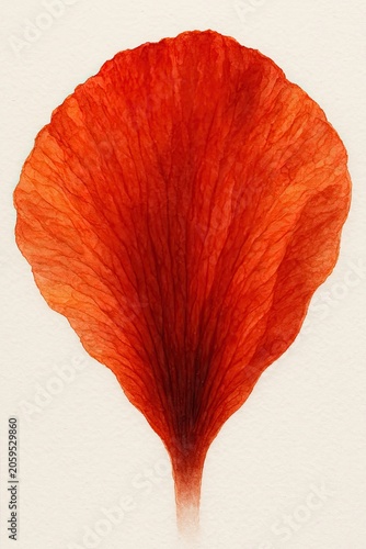 Single vivid red petal with fine vein texture in watercolor botanical art