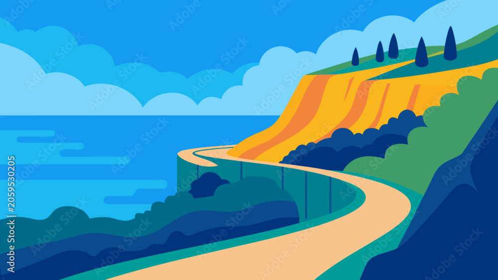 Fototapeta premium Mediterranean Coastal Road Vector Illustration 