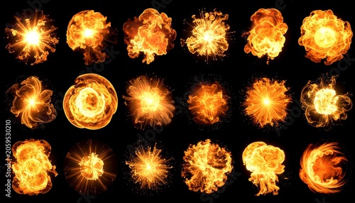 Sixteen fiery explosions captured on a black backdrop