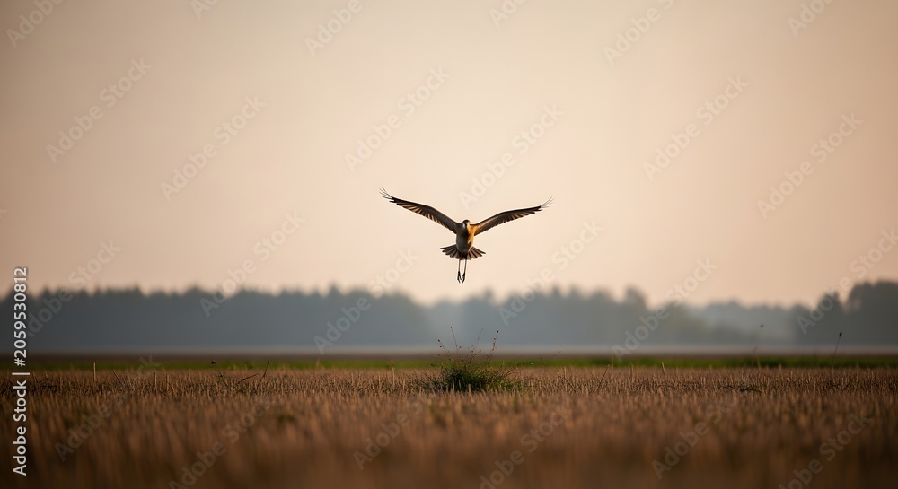 Naklejka premium A bird in flight over a vast field during sunset or sunrise with trees in the background