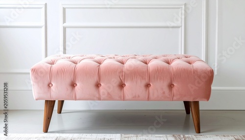 Pink tufted velvet ottoman bench against white wall with furniture upholstered interior fashionable footrest minimalist