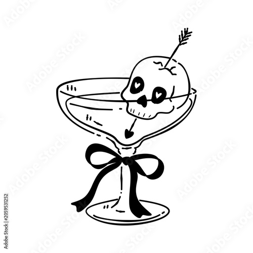 cartoon illustration of a cocktail with skull as garnish 