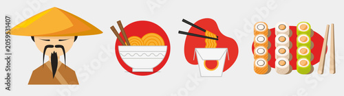 Asian cuisine elements set, ramen noodles sushi character chef flat illustration vector icons