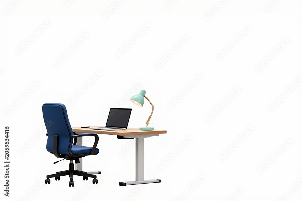 Fototapeta premium Modern Desk Setup with Blue Chair and Lamp on White Background