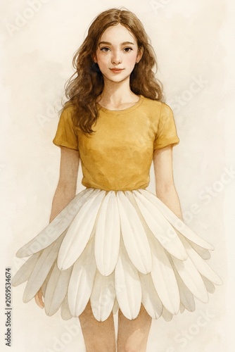 Watercolor fashion illustration of a girl embodying a blooming white daisy flower