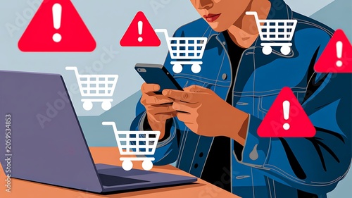 Online shopping scam concept with mobile payment fraud cyber security alerts and ecommerce risk