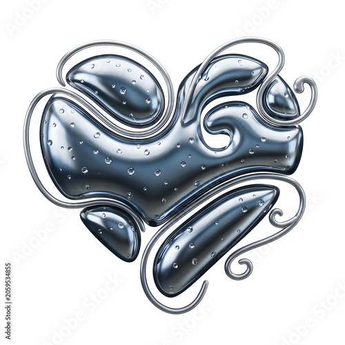 Abstract metallic heart with water drops on white background