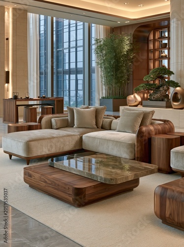 Luxury Walnut Sofa in Serene Hotel Lounge