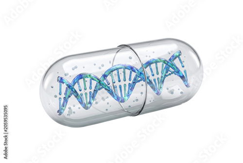 DNA double helix strand inside transparent glass medical capsule pill, blue green genetic molecule, biotechnology pharmacogenomics concept, pharmaceutical science illustration.