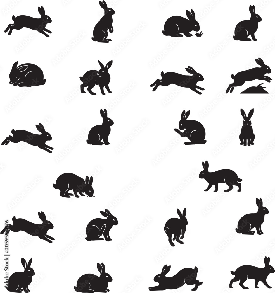 Fototapeta premium Black silhouette rabbits in various poses