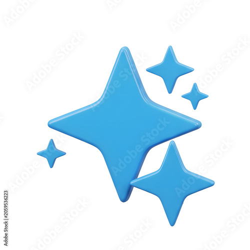 Blue 3D sparkle icon with stars on white background