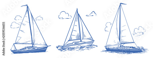Foto Collection of hand-drawn vintage sailboats in retro engraved style