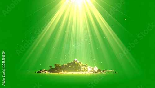 Small island bathed in radiant light, green backdrop