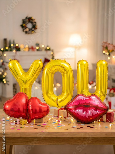 Happy anniversary celebration with large yellow number 10 and heart balloons