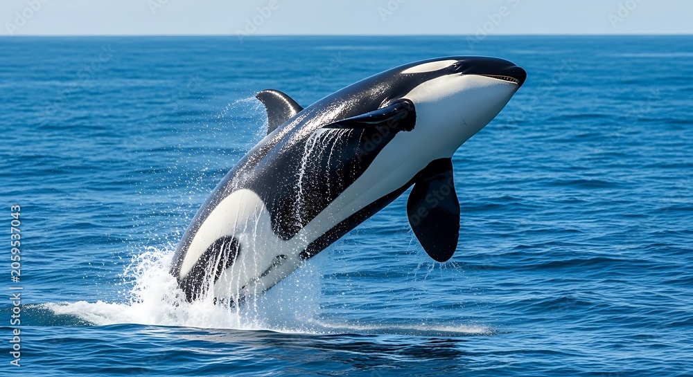 Fototapeta premium Orca whale leaping from ocean surface.