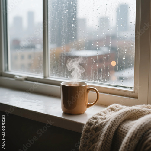 Cozy rainy window closeup with steaming ceramic mug on windowsill soft blanket and blurred cityscape beyond raindrop covered glass creating a warm moody atmosphere of comfort and relaxation