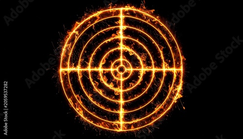 Fiery target with concentric circles on black