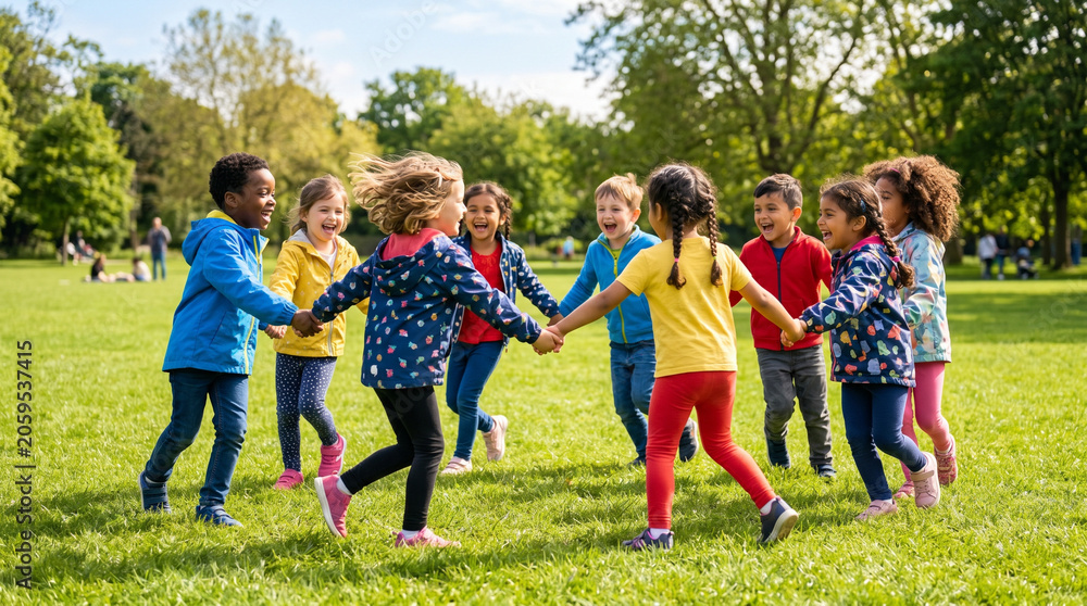 Fototapeta premium Diverse children holding hands in a circle playing together in a sunny green park, concept of multi-ethnic childhood friendship, community inclusion and active lifestyle for education
