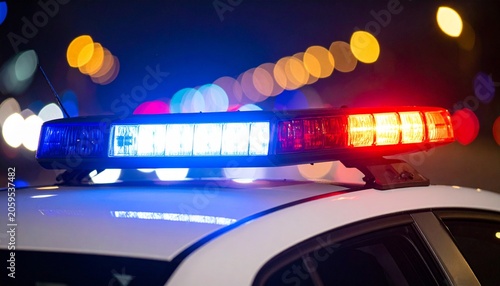 Police vehicle with red and blue emergency lights on