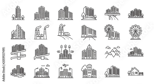 Set of black hand drawn building icons depicting various city structures and architectural styles with building handdrawn architecture sketches structures collection business minimalist