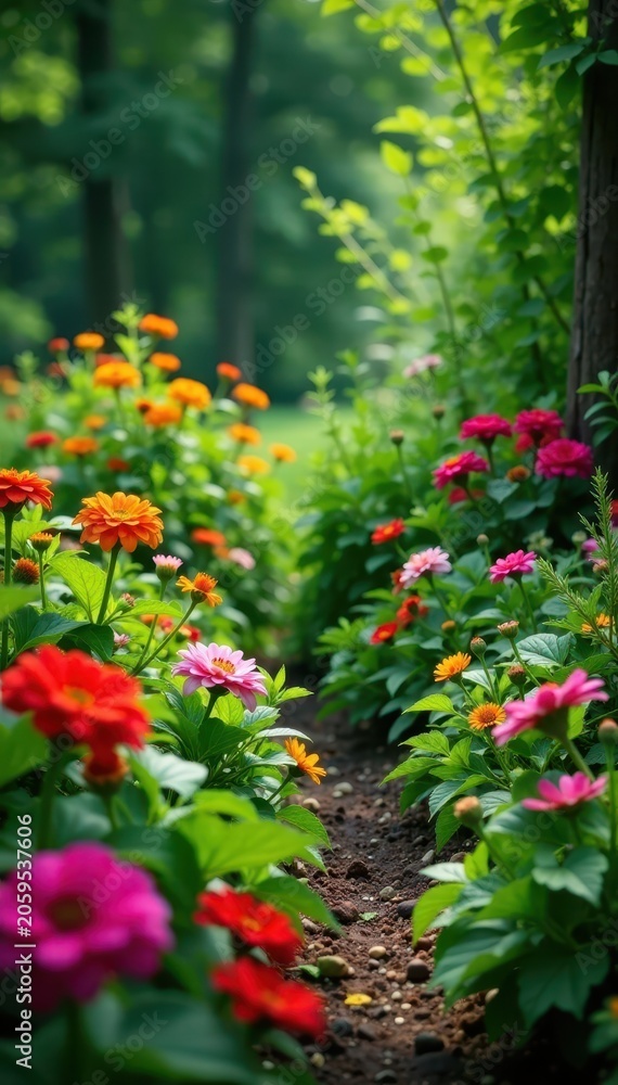 Naklejka premium A lush garden with edible flowers and medicinal plants, edible flowers, medicinal plants, herbalism
