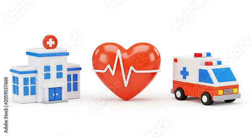 3D healthcare concept featuring hospital building ambulance and red heart with ekg line emergency vehicle healthcare hospital ambulance emergency cardiology medicine heartbeat diagnostic