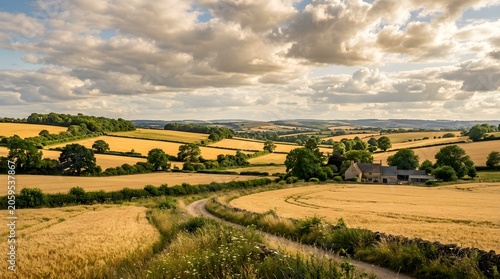 Golden rolling countryside hills with winding dirt path under dramatic cloudy sky