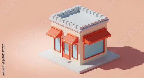 Isometric small retail shop building with red awnings on solid background isometric building business commerce architecture commercial shopfront minimalist exterior boutique structure