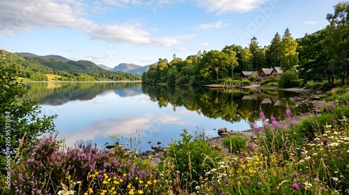 Tranquil lakeside landscape with wildflowers reflecting in calm water under blue sky