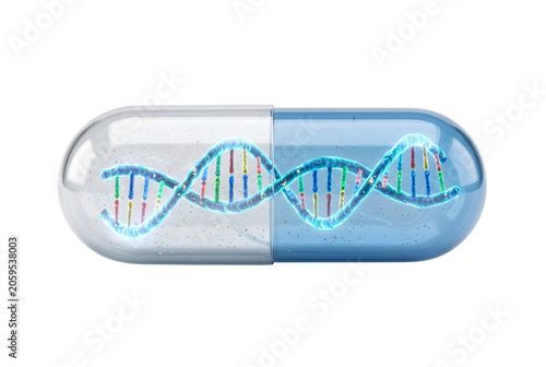 Scientific conceptual illustration of medical capsule pill split in half revealing glowing blue DNA double helix strand inside
