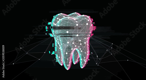 Digital 3 d tooth visualization with network lines and data points on dark background