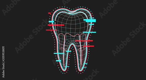 Digital 3 d wireframe illustration of a tooth with annotations and measurement lines
