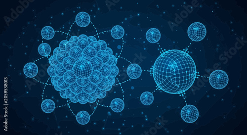 Blue digital network connection structure with glowing nodes and globe concept