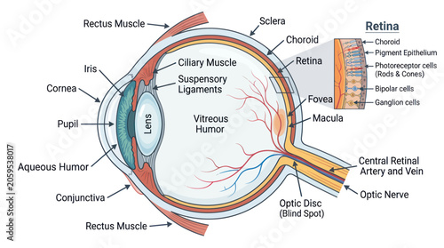 Human eye anatomy diagram with labeled internal structures and retina