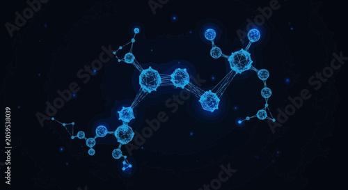 Blue digital network constellation on dark background with connected nodes and dotted lines