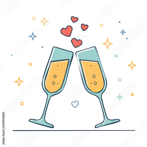 Clinking Champagne Glasses with Hearts and Stars Illustration