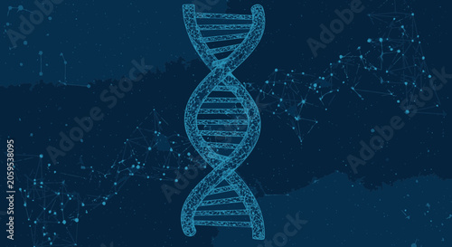 Blue dna double helix structure on dark blue network background