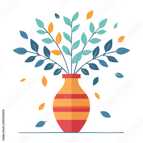 Colorful striped vase with decorative leaves illustration