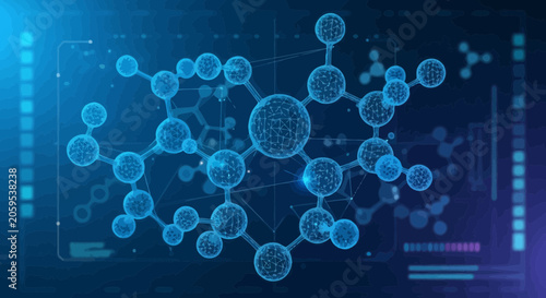 Blue glowing molecular structure network with intricate connections against dark tech background