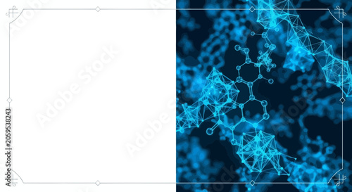 Blue glowing molecular network structure with connected nodes on dark background