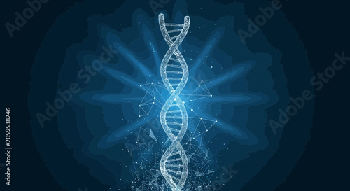 Blue glowing dna double helix structure on a dark background with abstract particles