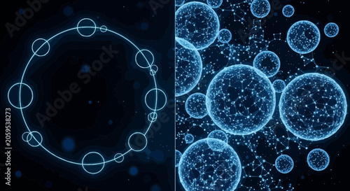 Blue glowing network structure and floating translucent molecular bubbles on dark background